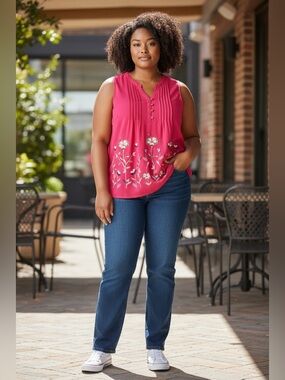 Lee Women's Rose Pink Floral Embroidered Sleeveless Tunic XL